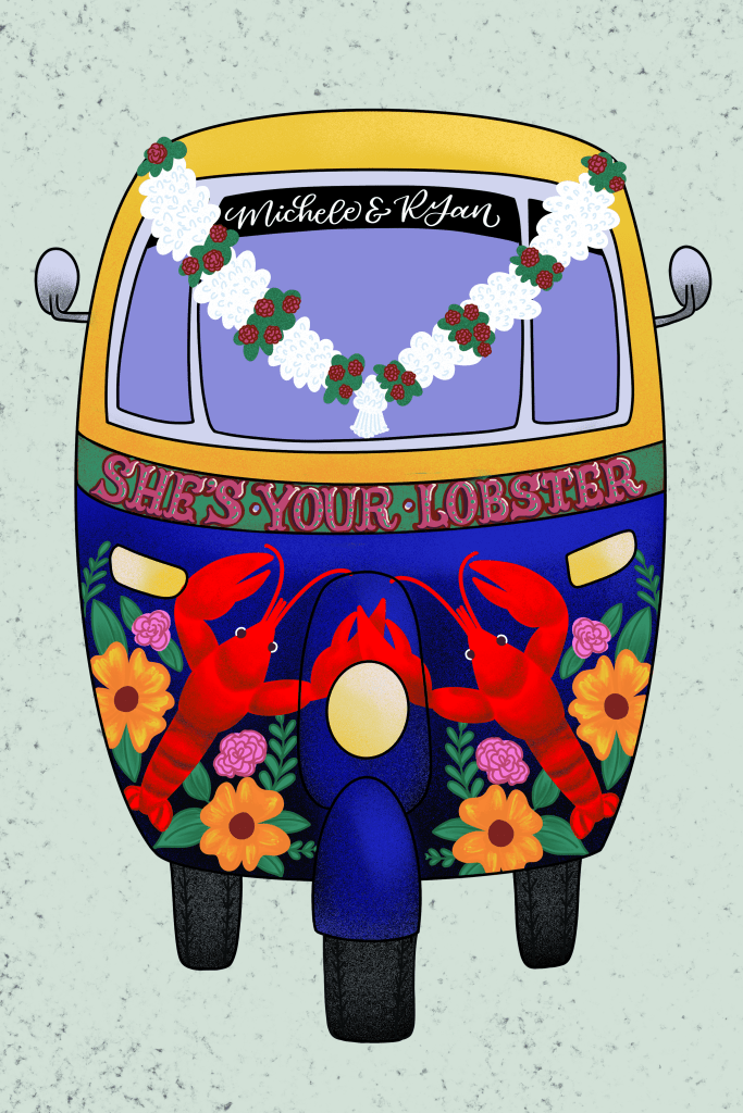 Wedding Auto Rickshaw, Custom Digital Art for Indian-Mexican fusion wedding