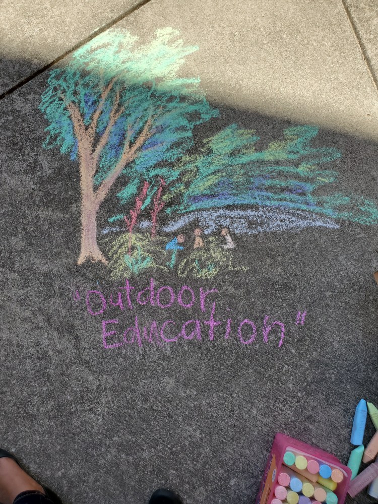 Chalk drawing of people under a tree, titled "outdoor education"