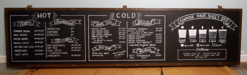 Chalkboard menu for Summer Moon Coffee in Frisco, TX