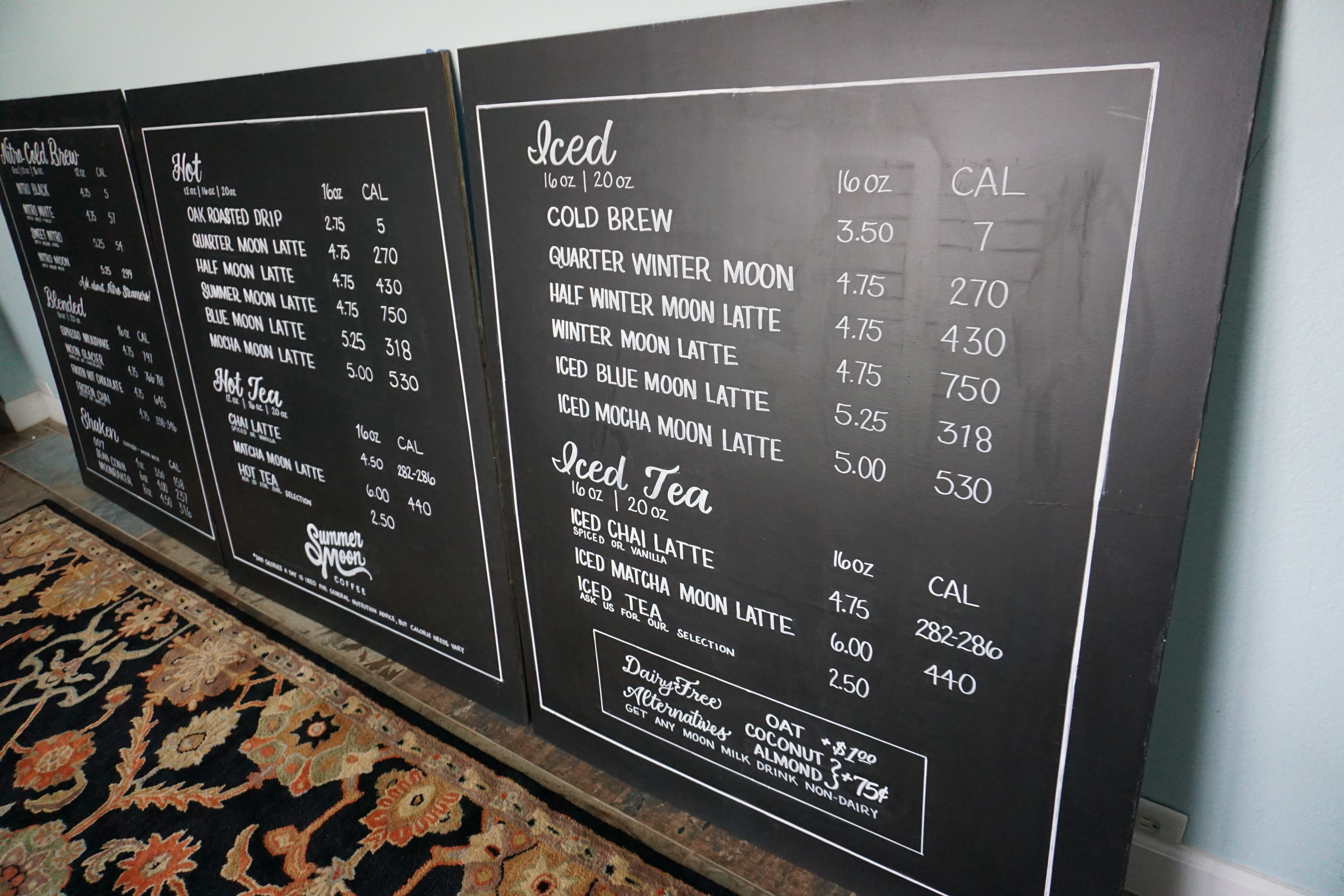 Handwritten chalkboard menu for Summer Moon Coffee