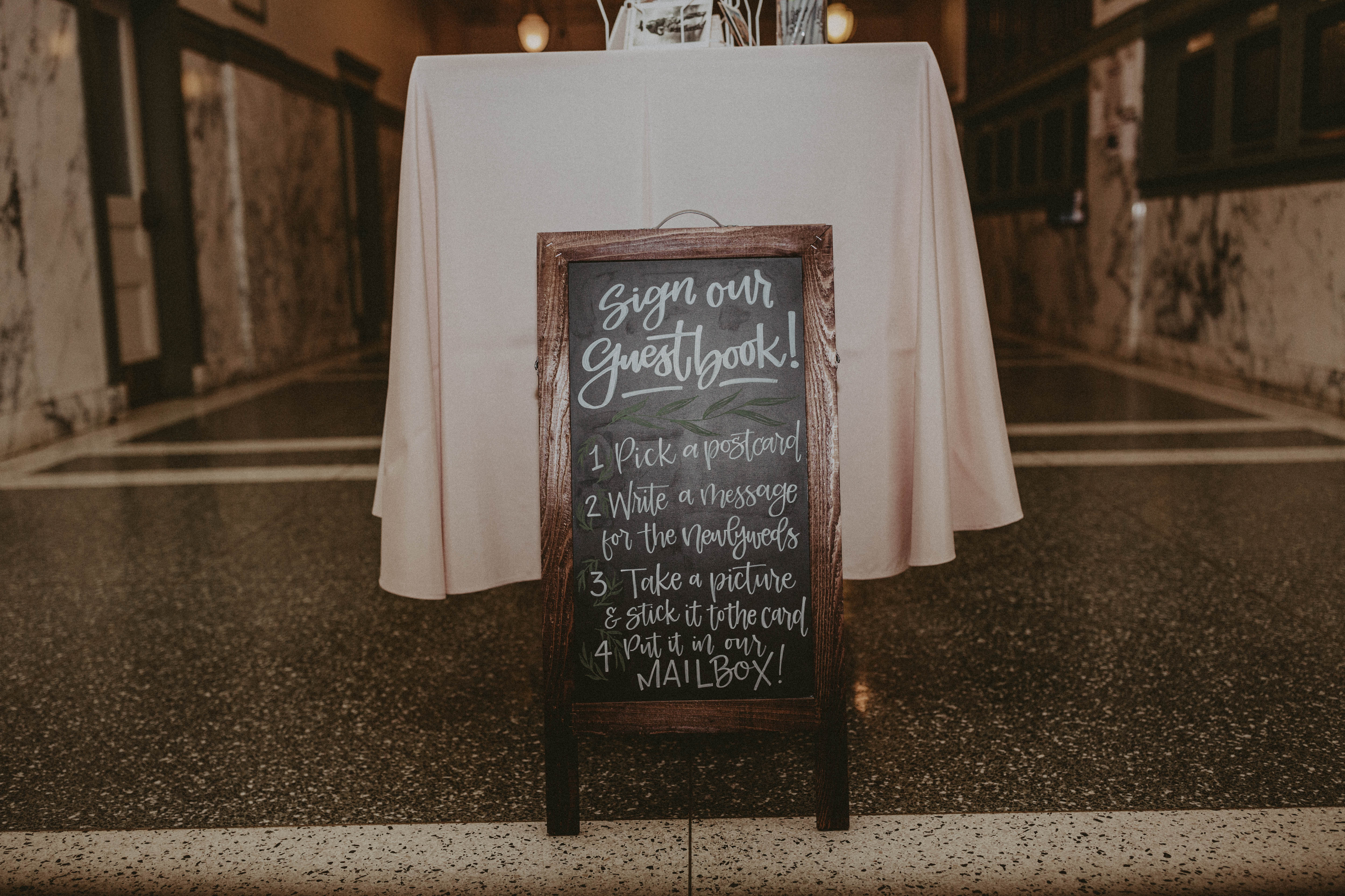 Chalkboard sign: guestbook instructions